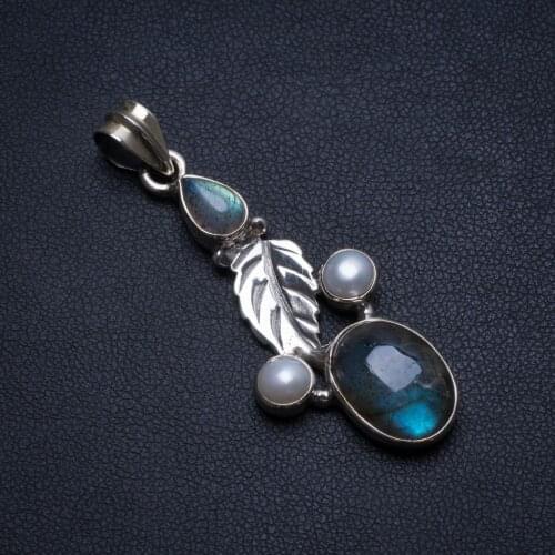 Natural Labradorite and River Pearl Handmade Vintage 925 Sterling Silver Pendant 2" T2530