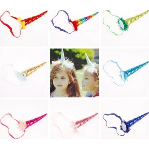 Yundfly Chic Baby Glitter Unicorn Horn Headband Girls Chiffon Flowers Solid Elastic Hairband Kids Birthday Gift Party