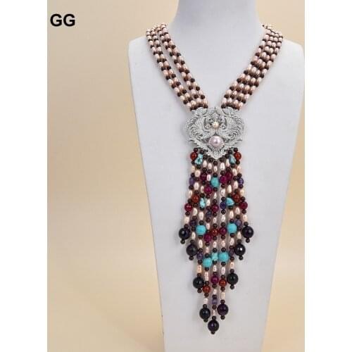 GuaiGuai Jewelry Natural Pearl Natural Stone 18" 4 Rows Rice Pearl Garnet Agates Necklace CZ Pendant