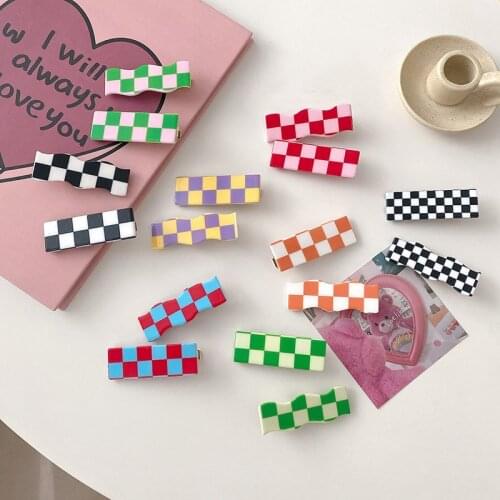 Korean Wave Checkerboard Hairpin Sweet Wild Bangs Clip Headband for Women Simple Color Plaid Hairpin Hair Accessories