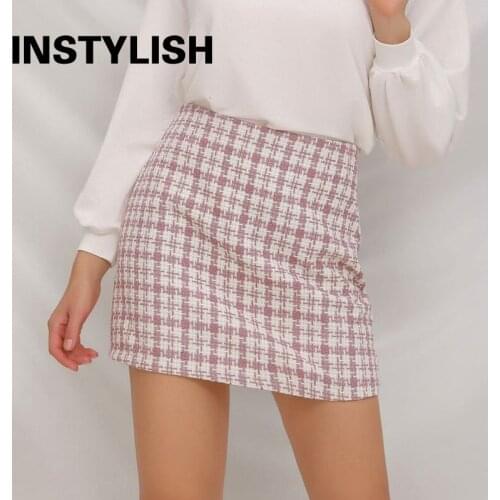 Instylish Elegant High Waist Woolen Plaid Harajuku Cotton Mini Skirt Korean Style Office Lady Spring Autumn Short Skirts 2021