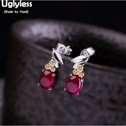 Uglyless MINI Bamboo Leaves Zircon Stud Earrings Women Water Drop HOT PINK Corundum Gemstones Earrings 925 Silver Brincos E1570