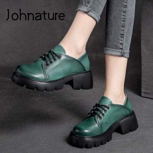 Johnature Pumps Women Shoes Genuine Leather Lace-Up Retro Sewing Casual Round Toe Handmade Concise 2021 New Leisure Ladies Shoes