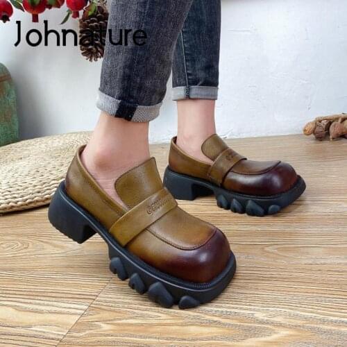 Johnature Retro Pumps Women Shoes 2021 New Autumn Winter Round Toe Wedges Handmade Sewing Concise Platform Heels Ladies Shoes