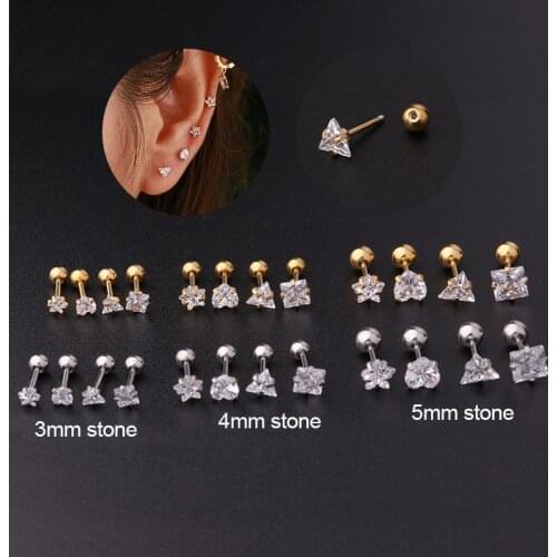 1PC Stainless Steel Geometric CZ Cartilage Earring 3-5MM Star Heart Triangle Square Helix Tragus Rook Conch Piercing Jewelry