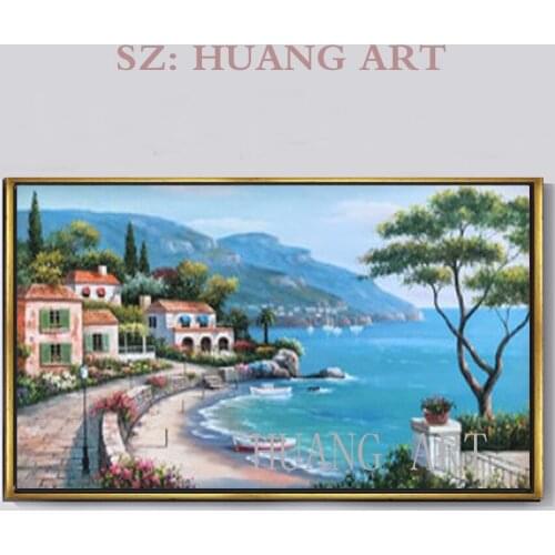 100% Hand Painted Mediterranean Sea Italian Beach Town Coast Homes Canvas Home Wall Art Oil Painting by Well Known Artist, Frame