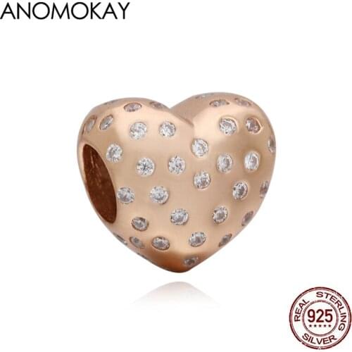 Anomokay Trendy Full White Crystal Heart Charm fit Bracelet & Bangle Rose Gold Color Love Beads for DIY Jewelry Making