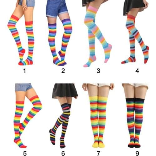 Women Girls Fancy Rainbow Colorful Stripes Over Knee Long Socks Halloween Cosplay Costume Knitted Stretchhy Thigh High Stockings
