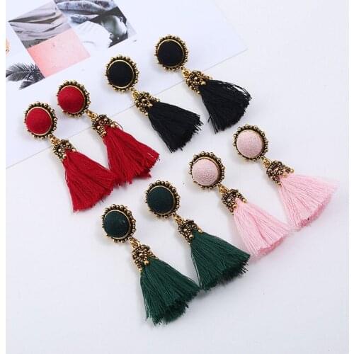 Ethnic Tassel Drop Earrings For Women Velvet Pendant Gold Alloy Round Earrings Wedding Fringed Jewelry pendientes mujer moda