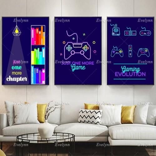 Gaming Evolution| Video Game Room Art | Neon Controller Consoles Gamer Poster Book Worm Modern Home Decor Canvas Wall Art Prints