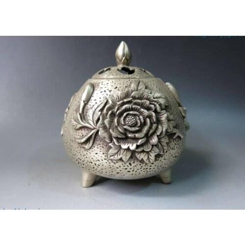 China silver carved fine three Peony flower Incense burner censer Statue