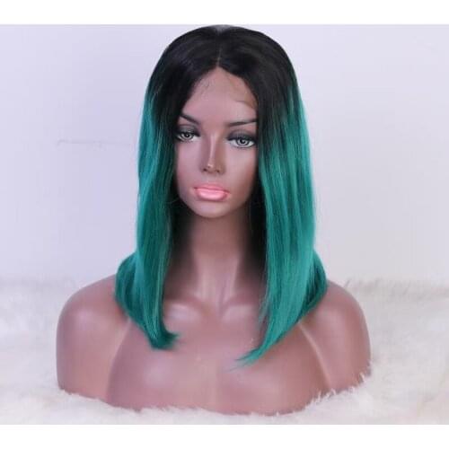14" Short Bob Silky Straight Ombre Green Color Synthetic Hair 13*4 Lace Front Wigs with Baby Hair Glueless Lace with Pre Plucked