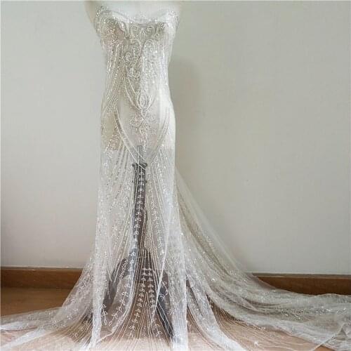 1 Yard Silver Color Bridal Wedding Dress Lace Fabric Luxury Sequin Evening Dress Ivory With Beads Bridal Dress DIY Fabric