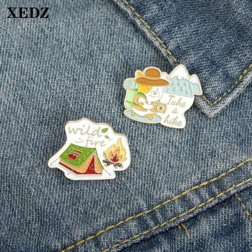 XEDZ cute bear outdoor picnic metal enamel pin photography tent badge cartoon animal clothes bag pin jewelry new gift for friend