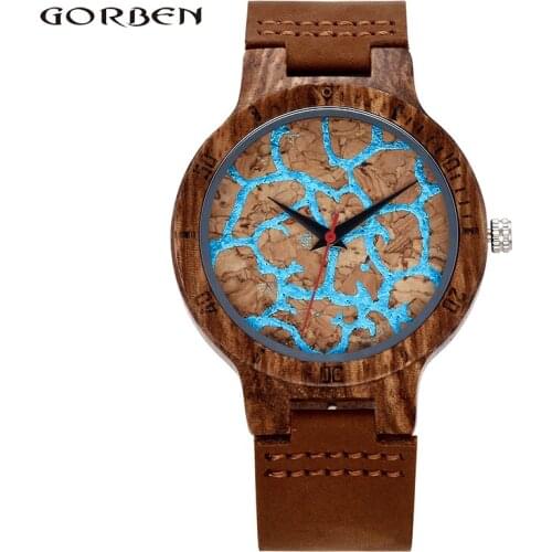 Fashion Wooden watch Blue Sea Creative Cracked Face Design Quartz Wristwatch Men Women Wood Strap Watches Luxury Unisex Gift