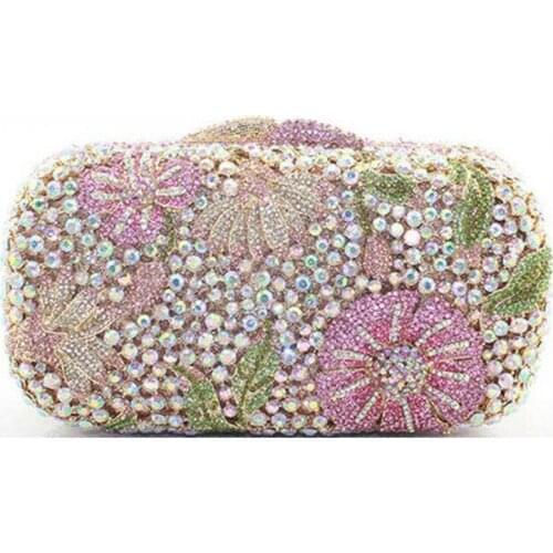 Fashion AB Crystal Flower Evening Clutch Bag Glitter Wedding Bridal Purse 100% Handmade Women Shoulder Handbags Lady Minaudiere