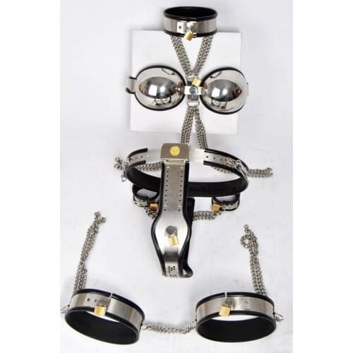 Chastity men Stainless steel male chastity device(collar+bra+Handcuffs+mens Chastity belt pants+Leggings+anal+Legcuffs)cock cage