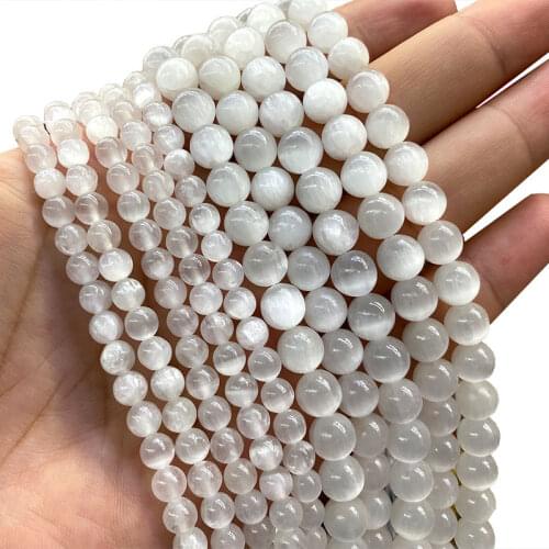 Wholesale AAA White Alabaster Cats Eye Burnish Round 100% Natural Stone Beads For Jewelry Making DIY Bracelet Neckalce 6/8MM