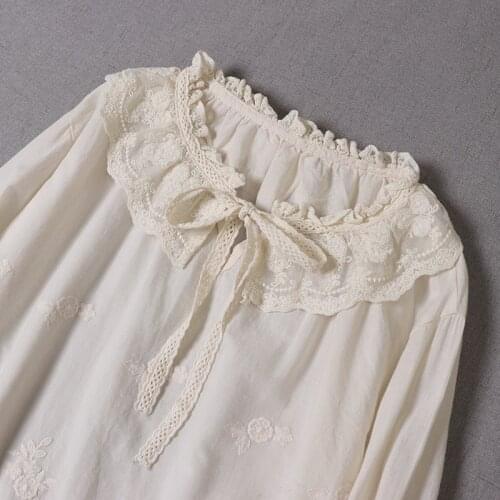 Autumn cotton lace tie collar shirt top Japanese Mori female long-sleeved embroidery doll shirt
