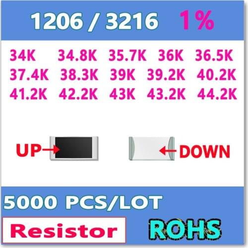 JASNPROSMA OHM 1206 F 1% 5000pcs 34K 34.8K 35.7K 36K 36.5K 37.4K 38.3K 39K 39.2K 40.2K 41.2K 42.2K 43K 43.2K 44.2K smd Resistor