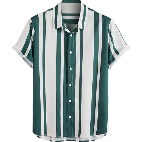 Summer Men Striped Shirt Hawaiian Casual Lapel Neck Short Sleeve Button Pockets Shirt Masculina Loose Male Clothing Camisa 2021