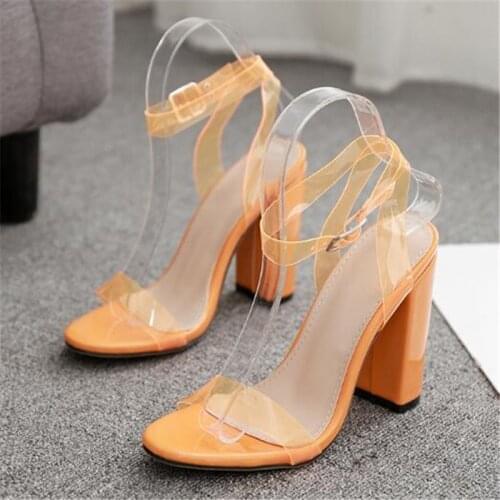 Women sandals PVC Buckle Strap 11.5cm Square heel High heels Round Toe Shallow women shoes sandalias mujer 2020 size 35-42