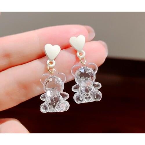 Cute Heart Bear Dangle Earring Sweet Trendy Colorful Transparent Resin Bear Animal Earrings For Women Girls Fashion Jewelry