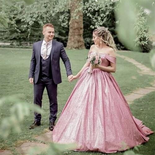 Bling Bling wedding Dresses Ball Gown Off The Shoulder Sweep Train Sequins Lace Up vestidos de fiesta de noche vestido de noiva