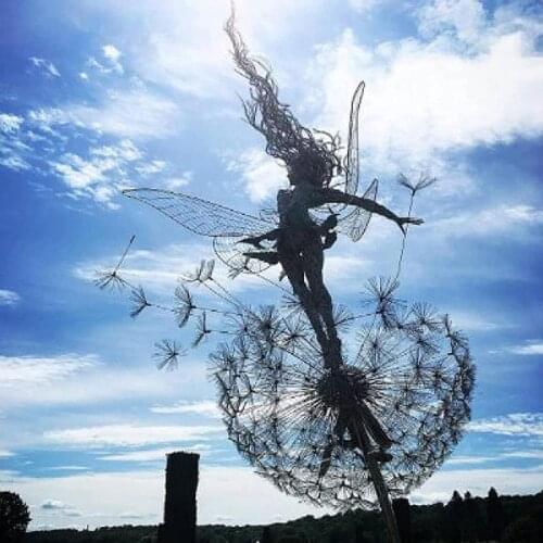 Dancing Fairy Statue Metal Fairy Garden And Dandelions Sculptures Mythical Garden Dandelion Figurine Lawn Landscape Sculpture