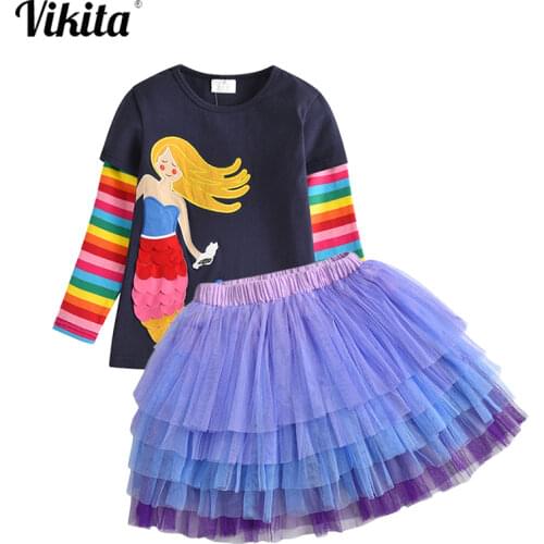 VIKITA Girls Clothing Sets Autumn Longs Sleeve T-shirt and Layered Tutu Skirt 2Pcs for Kids Clothing Sets Baby Clothes Outfits