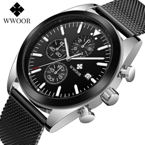 WWOOR Mens High-end Black Watch Top Luxury Brand Men Chronograph Wrist Watch Fashion Sport Quartz Clock Relogio Masculino 2021