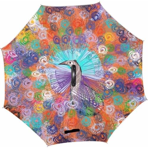 Colorful Peacock Sunny Umbrellas Windproof Reverse Folding Double Layer Inverted Chuva Umbrella Self Stand C-Hook Hands For Car