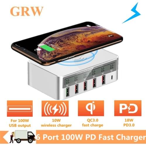 Grwibeou 100W Quick Charge 3.0 USB Charger Fast Charging Station PD Charger For iPhone 11 Tablet Phone QI Wireless Charger Hub