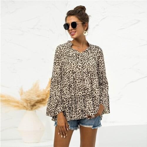 Women Leopard Print V-neck T-shirt Top New Spring Autumn Casual Loose Flare Sleeve Patchwork Elegant Pullovers Streetwear Female