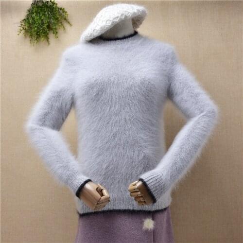 Ladies women fashion grey hairy plush mink cashmere knitted o-neck slim blouses pullover angora fur jumper sweater pull tops