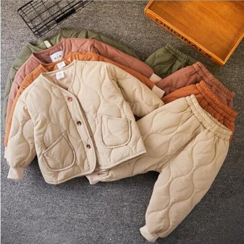 2019 Winter Baby Boys Girls Thick Warm Clothing Set 2pcs Cotton Coat Jacket Outerwear+Pants Children Solid Suit Japanese Style