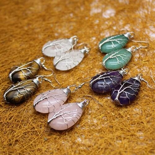 3pair/lot Natural Stone earrings for women Tree of Life Amethysts drop earrings Rose Quartzs Aventurine for jewelry handmade