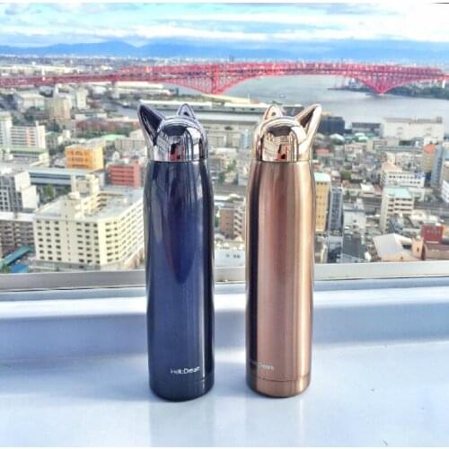 AU cute water bottle Double Wall Thermos Bottle Stainless Steel Vacuum Flasks Cute Cat Fox Ear Thermal Coffee Tea Travel Mug