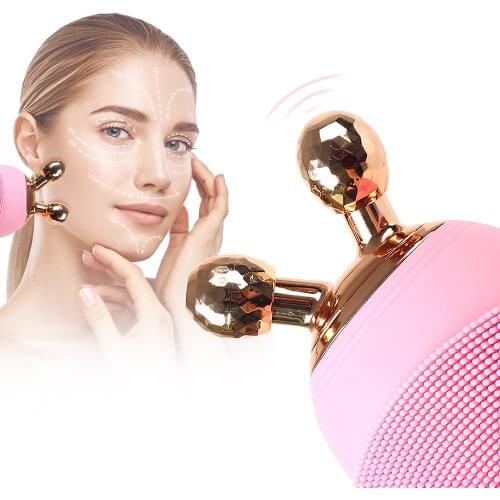 2 In 1 Electric Face Cleaning Massage Roller Massager Silicone Sonic Facial Pores Cleanser Y-Shape Roller Face Cleansing Brush