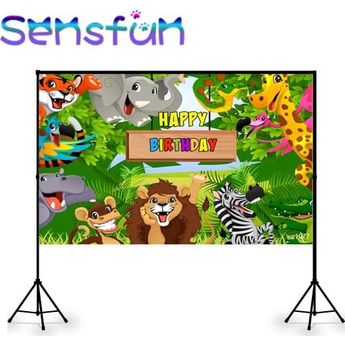 Safari Happy Birthday Party Photo Backdrop Customize Boy Baby Shower Photography Background Jungle Animals Zibra Elephant Banner