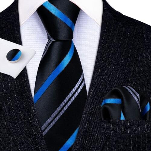 Fashion Luxury Blue Striped 100% Silk Tie Gifts For Men Gifts Suit Wedding Tie Barry.Wang NeckTies Hanky Sets Business LN-5325