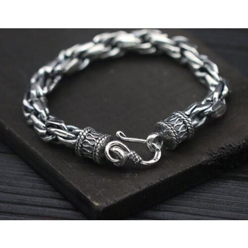 S925 Sterling Silver Egg Ring Three-ring Hemp Rope Handmade Headdress Horn Chain Mens Retro Thai Silver Jewelry Bracelet