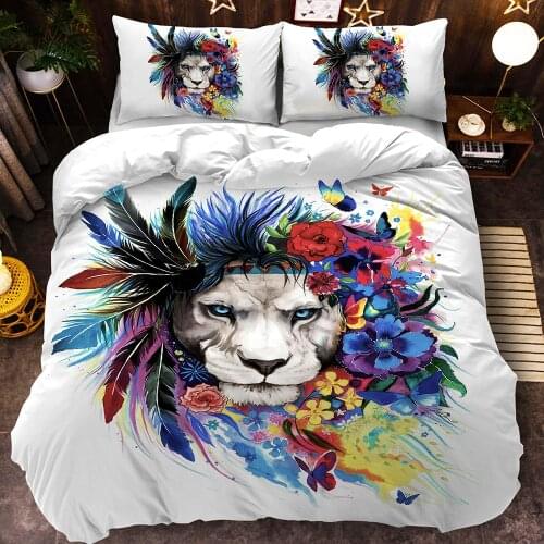 3D Lion Art Bedding Set Tribal Animal Printed Duvet Cover Watercolor Floral Kids Bed Set Colorful Home Textiles 3pcs