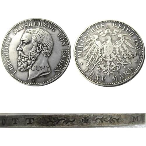 1894 GERMAN STATES BADEN - 5 mark Silver Plated Copy coin
