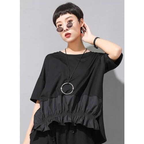 European and American 2021 summer wear new personalized hem stretch rubber band front short back long tide brand T-shirt womens