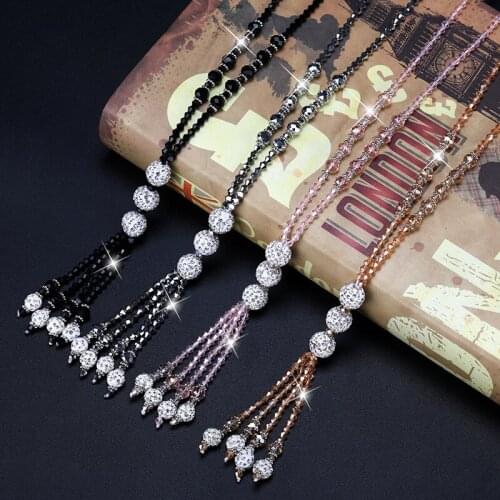 Korean Fashion Shiny Crystal Beads Long Tassel Necklace For Women Simple Sweater Chain Charm Female Party Jewelry