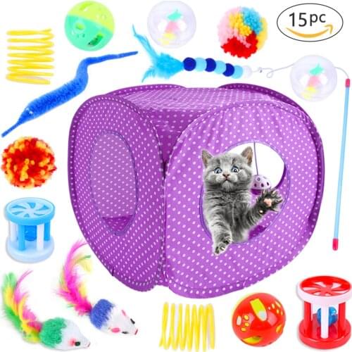 Cat Toy Set 15 Pieces Cat Tent Multiple Combination Pet Toy Cat Supplies Feather Mouse Cat Nest Ball Game Cat Teaser
