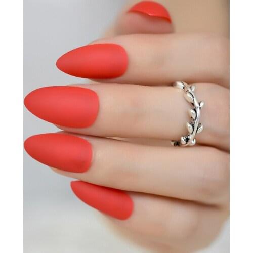 2018 New Matte Red Stiletto Fake Nails Almond Pointed Press on Oval False Nail Full Cover Artificial Nep Nagels