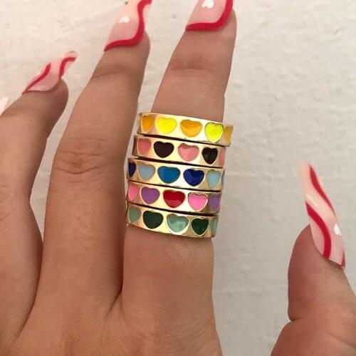 New Ins Sweet Two Color Heart Drop Oil Love Open Rings For Women Girls Temperament Cute Heart Metal Ring Fashion Jewelry PGift