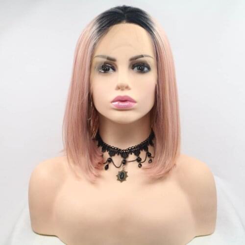 Omber Orange Pink Color Shoulder Length Bob Short Hair Synthetic Lace Front Wigs Dark Roots Natural Cosplay Lace Frontal Wigs
